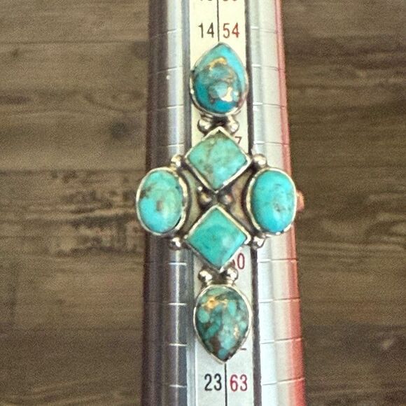 Unique Blue Copper Turquoise Multi Stone Ring Southwestern Sterling Silver Sz 8 - Picture 2 of 6